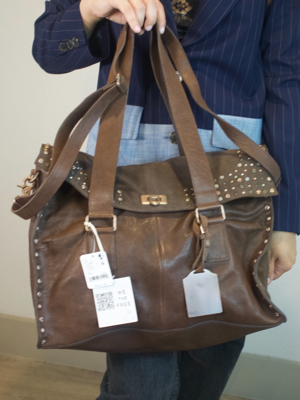 We The Free Shay Stud Tote Brown Leather Bag